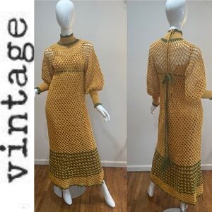 Vintage Handmade Crocheted Open Knit High Neck Balloon Sleeve Boho Maxi Dress